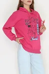 Kadın 3 İplik Kapşonlu Baskılı Sweat Fuşya