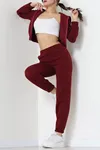 Kadın 3 İplik Crop Eşofman Takımı Bordo