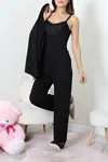 Kadın Viskon Dantelli 3'Lü Pijama Seti Siyah