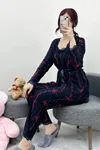 Kadın Süet 3'Lü Pijama Set Lacivertkurdele