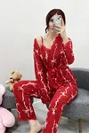 Kadın Süet 3'Lü Pijama Set Kırmızı