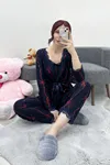 Kadın Süet 3'Lü Pijama Set Lacivertkurdele