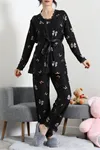 Kadın Süet 3'Lü Pijama Set Siyahbej