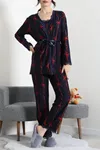 Kadın Süet 3'Lü Pijama Set Lacivertkurdele