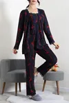 Kadın Süet 3'Lü Pijama Set Lacivertkurdele