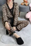 Kadın Süet 3'Lü Pijama Set Leopar