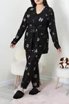Kadın Süet Büyük Beden 3'Lü Pijama Seti Siyahbej
