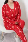 Kadın Süet Büyük Beden 3'Lü Pijama Seti Kırmızıkurdele