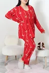 Kadın Süet Büyük Beden 3'Lü Pijama Seti Kırmızıkurdele