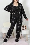 Kadın Süet Büyük Beden 3'Lü Pijama Seti Siyahbej