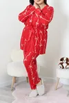 Kadın Süet Büyük Beden 3'Lü Pijama Seti Kırmızıkurdele