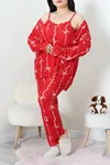 Kadın Süet Büyük Beden 3'Lü Pijama Seti Kırmızıkurdele