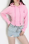 Kadın 3 İplik Kapşonlu Crop Sweat Pudra
