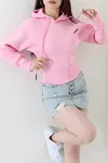 Kadın 3 İplik Kapşonlu Crop Sweat Pudra