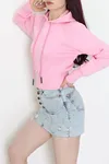 Kadın 3 İplik Kapşonlu Crop Sweat Pudra