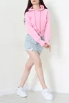 Kadın 3 İplik Kapşonlu Crop Sweat Pudra