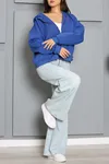 Kadın 3 İplik Şardonlu Kapşonlu Fermuarlı Sweat Saks