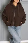 Kadın 3 İplik Şardonlu Kapşonlu Fermuarlı Sweat Kahve
