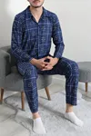 Düğmeli Süet Erkek Pijama Takımı Mavi