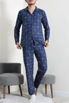 Düğmeli Süet Erkek Pijama Takımı Mavi