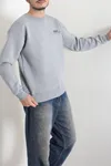 Bisiklet Yaka Baskılı Şardonlu 3 İplik Erkek Sweat Gri