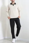 Yaka Garnili Erkek Triko Sweat Taş