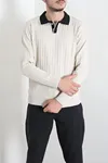 Yaka Garnili Erkek Triko Sweat Taş