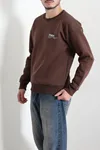 Bisiklet Yaka Baskılı Şardonlu 3 İplik Erkek Sweat Açık Kahve