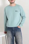 Bisiklet Yaka Baskılı Şardonlu 3 İplik Erkek Sweat Suyeşili