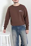 Bisiklet Yaka Baskılı Şardonlu 3 İplik Erkek Sweat Açık Kahve