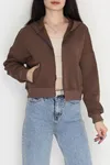 Kadın 3 İplik Kompakt Oversize Fleto Cepli Sweat Kahve