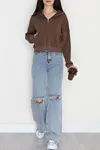 Kadın 3 İplik Kompakt Oversize Fleto Cepli Sweat Kahve