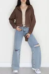 Kadın 3 İplik Kompakt Oversize Fleto Cepli Sweat Kahve