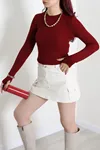 Kadın Bisiklet Yaka Parmak Geçmeli Triko Body Bordo