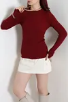 Kadın Bisiklet Yaka Parmak Geçmeli Triko Body Bordo