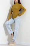 Kadın Dik Yaka Parmak Geçmeli Triko Body Yağyeşili