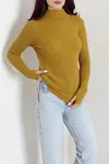 Kadın Dik Yaka Parmak Geçmeli Triko Body Yağyeşili