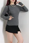Kadın Dik Yaka Parmak Geçmeli Triko Body Antrasit