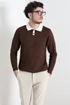 Yaka Garnili Erkek Triko Sweat Kahve