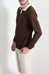 Yaka Garnili Erkek Triko Sweat Kahve