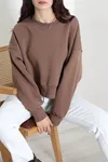 Kadın Oversize 3 İplik Şardonlu Sweat Kahve