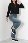 Kadın Selanik Fermuarlı Gömlek Yaka Sweatshirt Siyah
