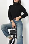 Kadın Selanik Fermuarlı Gömlek Yaka Sweatshirt Siyah