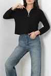 Kadın Selanik Fermuarlı Gömlek Yaka Sweatshirt Siyah