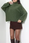 Kadın Dik Yaka Balon Kol Triko Kazak Haki