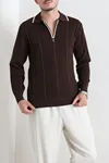 Çizgili Polo Yaka Erkek Triko Sweat Kahve