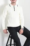 Çizgili Polo Yaka Erkek Triko Sweat Ekru