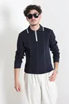 Çizgili Polo Yaka Erkek Triko Sweat Lacivert