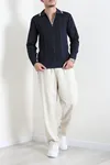 Çizgili Polo Yaka Erkek Triko Sweat Lacivert