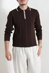 Çizgili Polo Yaka Erkek Triko Sweat Kahve